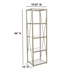 Merrick Lane 64" Modern Bookshelf Glass 4-Shelf Bookcase With Powder Coated Matte Gold Cross Braced Frame -Smart Office Sets GUEST dd052437 a5db 4aa1 8a27 15beb94f4907