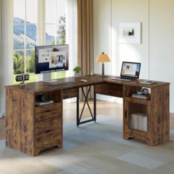 Bestier Farmhouse L Shaped Desk With Drawers, 63" Office Computer Corner Desk With Charging Station,Cabinet & Modesty Panel For Home Office -Smart Office Sets GUEST e2e701b8 d4f7 4ba7 91db 94de9995a6bc