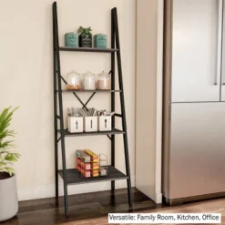 Lavish Home 4-Tier Ladder Bookshelf – Freestanding Industrial Style Wooden Shelving, Gray/Black -Smart Office Sets GUEST e763e7b5 cab5 4a13 9d9e 1685bbeb7ab6