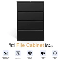 AOBABO 4 Drawer Lateral Steel File Organizing Cabinet With Locking System And Adjustable Hanging Bars For Letter/Legal Size Paper, Black -Smart Office Sets GUEST f57227c1 967e 473e 865d c5e2b36f500f