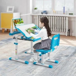 Costway Height Adjustable Kids Study Table And Chair Set W/Bookstand & Light Pink/Light Blue -Smart Office Sets GUEST f74f0988 49cc 4ed5 a956 160fecf08e2b