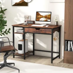 Costway Computer Desk With Power Outlets Home Office Desk With Drawer, Adjustable Shelf Headphone Hooks